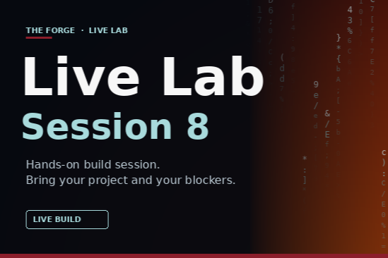 Digital screen displaying information about a live lab session, including session 8, a hands-on build session, and a 'Live Build' button.
