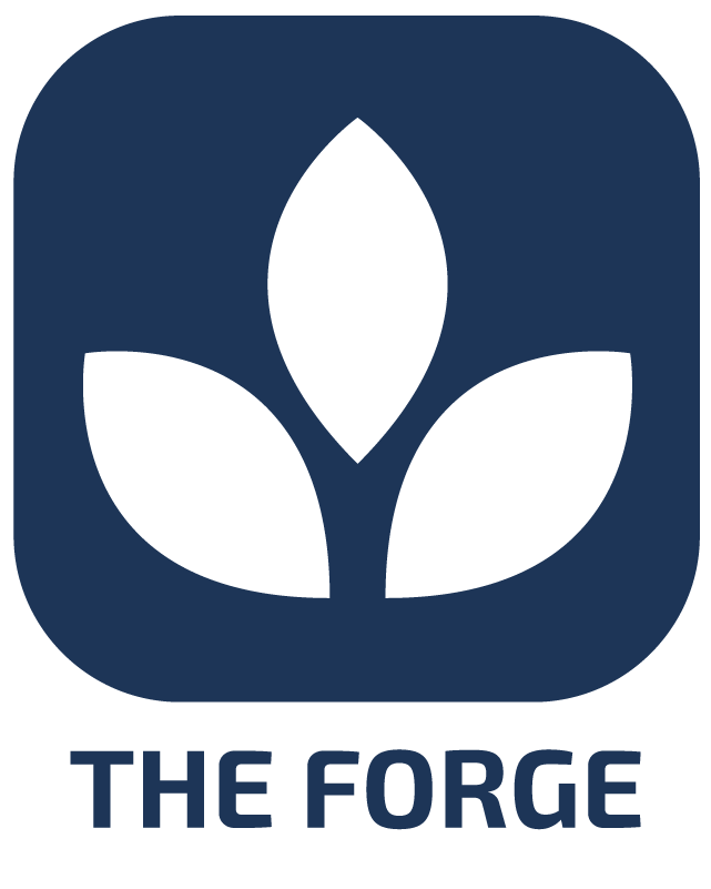 Logo with a dark blue rounded square background featuring three white leaves and the text 'THE FORGE' underneath.