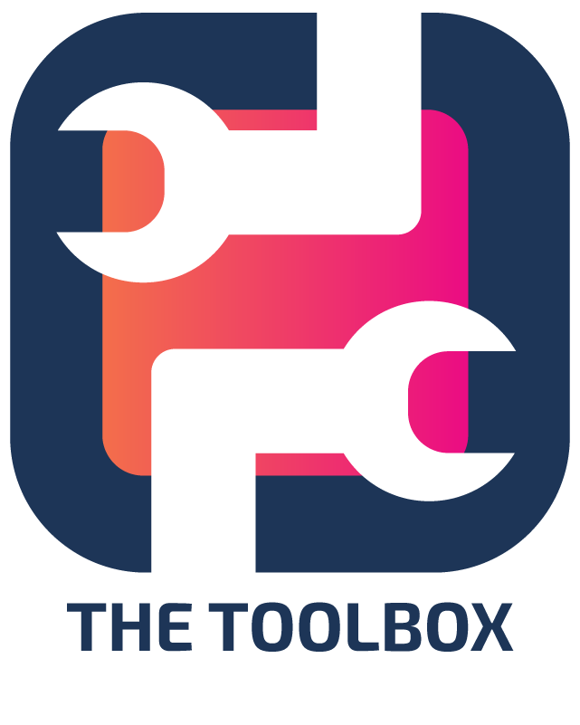 A logo with a dark blue rounded square background, featuring two white wrenches crossing each other over a pink to orange gradient square. Below, the text reads "THE TOOLBOX" in dark blue.