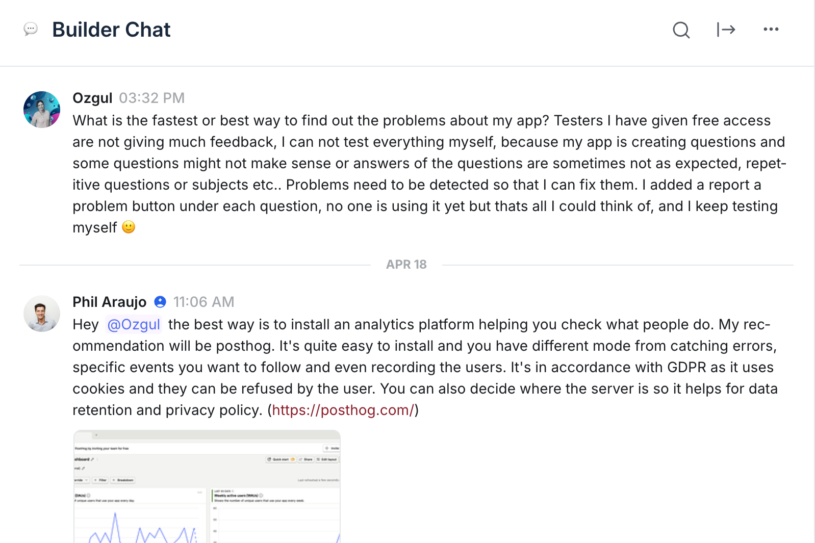 Screenshot of a chat conversation discussing app troubleshooting, analytics platform installation, and testing, including a partial image of a webpage with graphs and data.