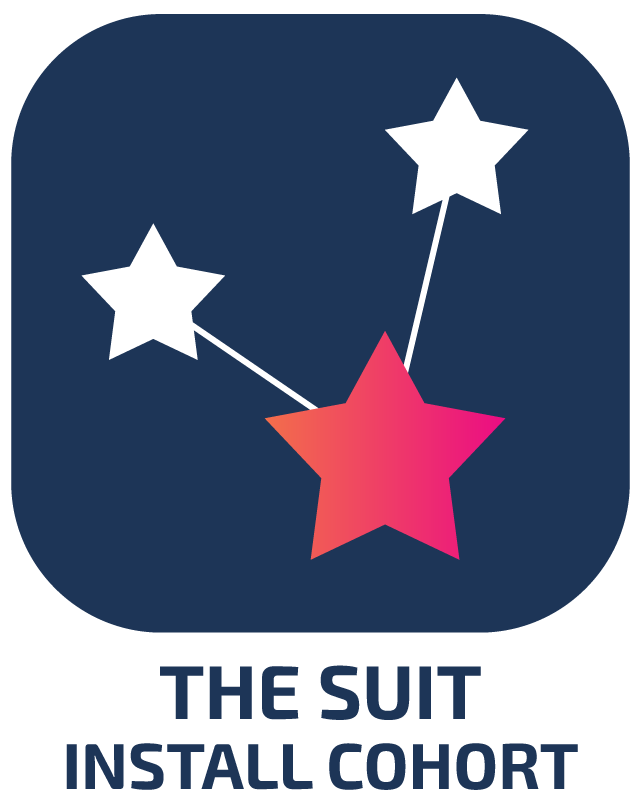 App icon with three stars connected by lines, with a large pink and orange star at the bottom, and the text 'THE SUIT INSTALL COHORT' beneath.