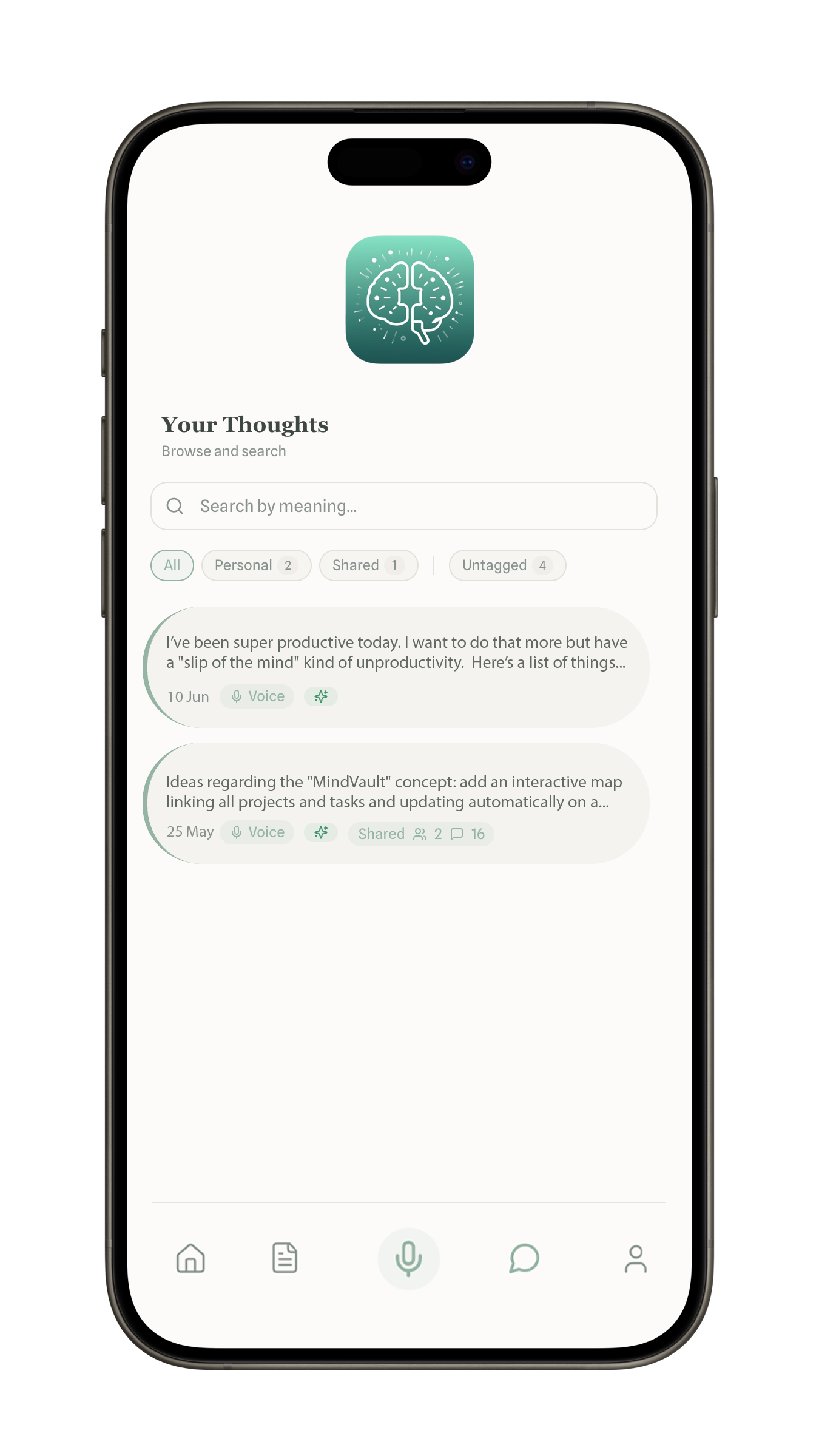 A smartphone screen displaying a notes or thoughts app titled 'Your Thoughts' with a search bar, some categorized thoughts, and icons at the bottom for home, notes, microphone, chat, and profile.