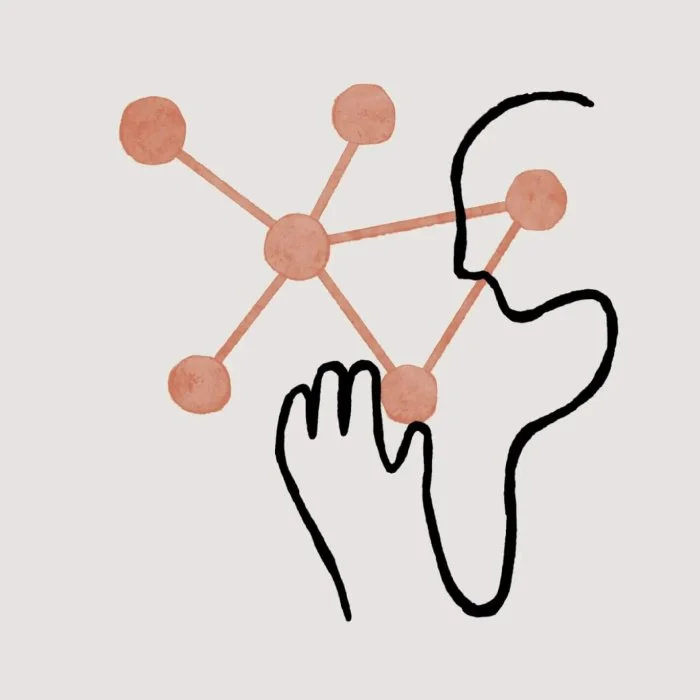 Illustration of a person analyzing a molecular structure with a hand and head outline drawn over the molecule.