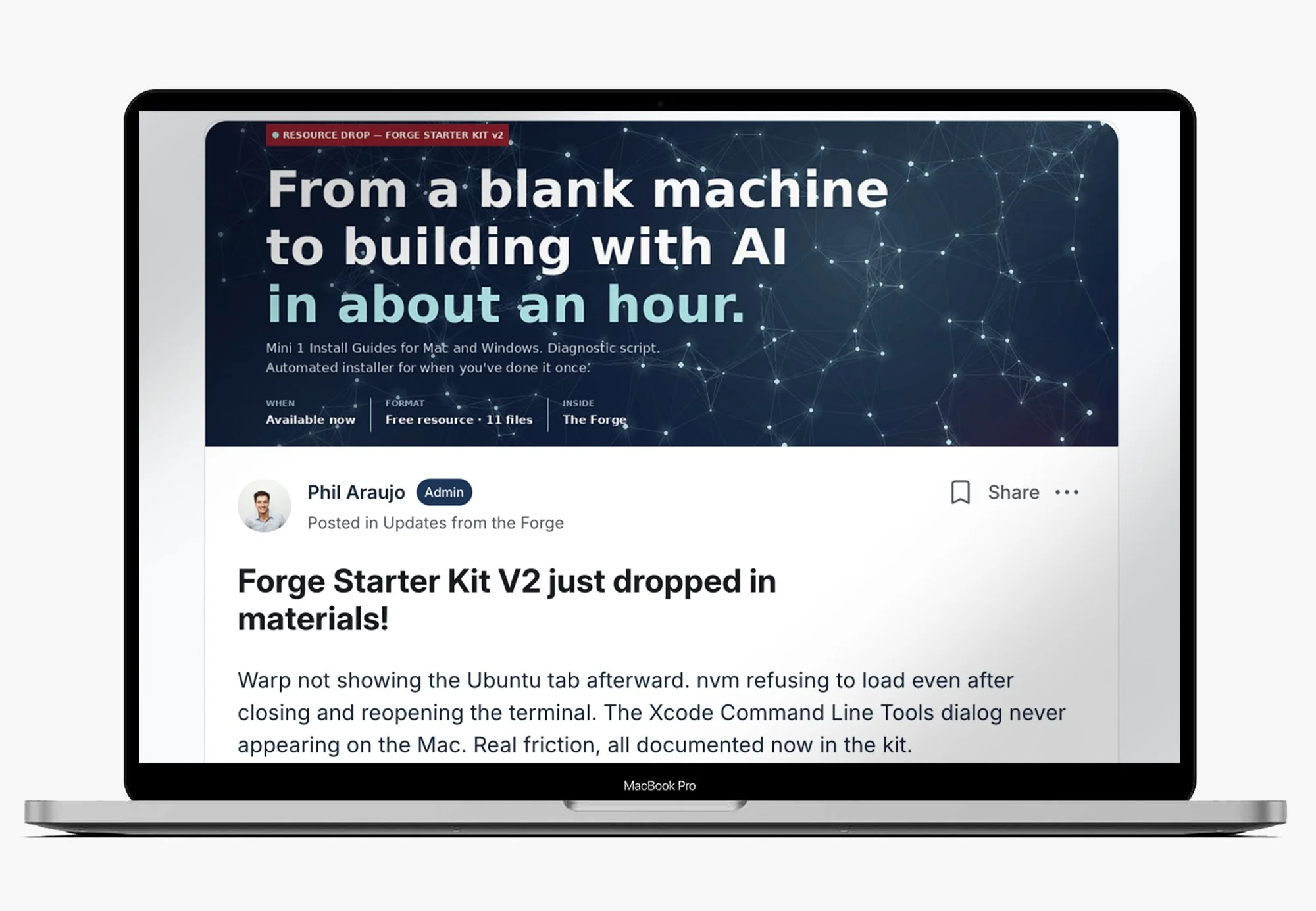 Screenshot of a MacBook Pro displaying a webpage promoting a resource pack for AI building projects, with a dark blue background and interconnected white dots design.