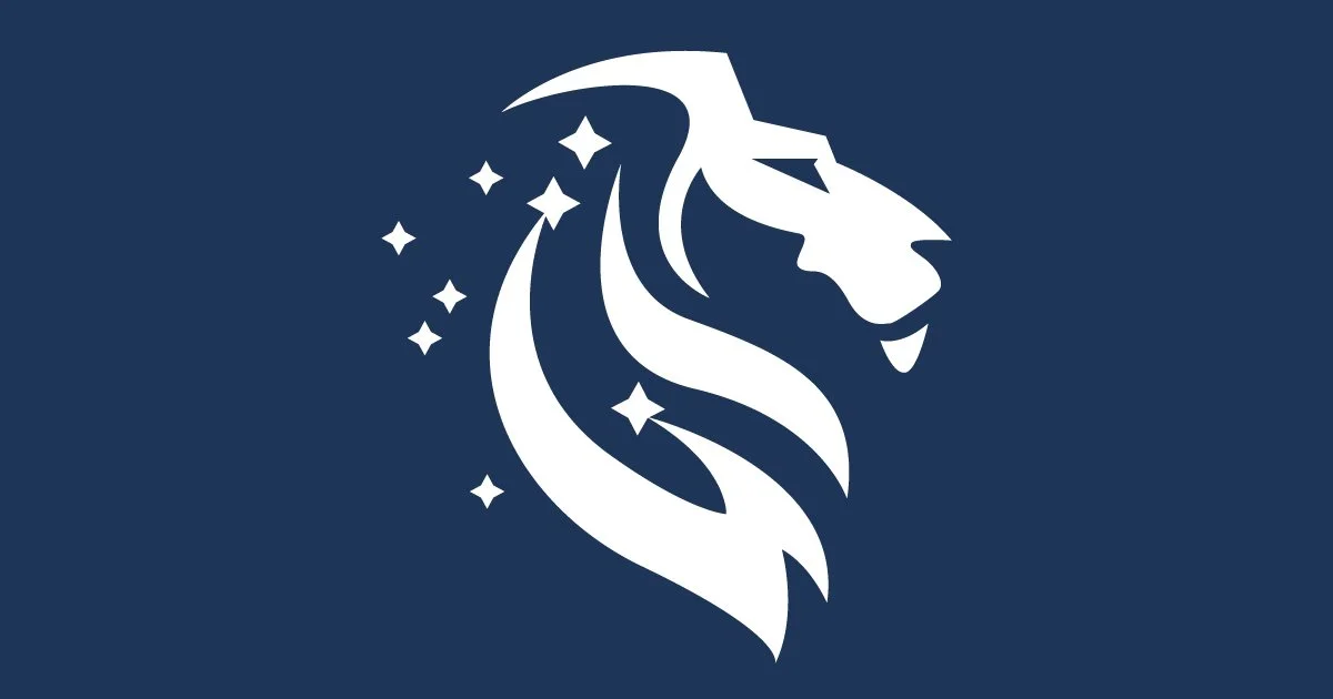 Stylized lion's head with a flowing mane and star-like sparkles around it, on a dark blue background.