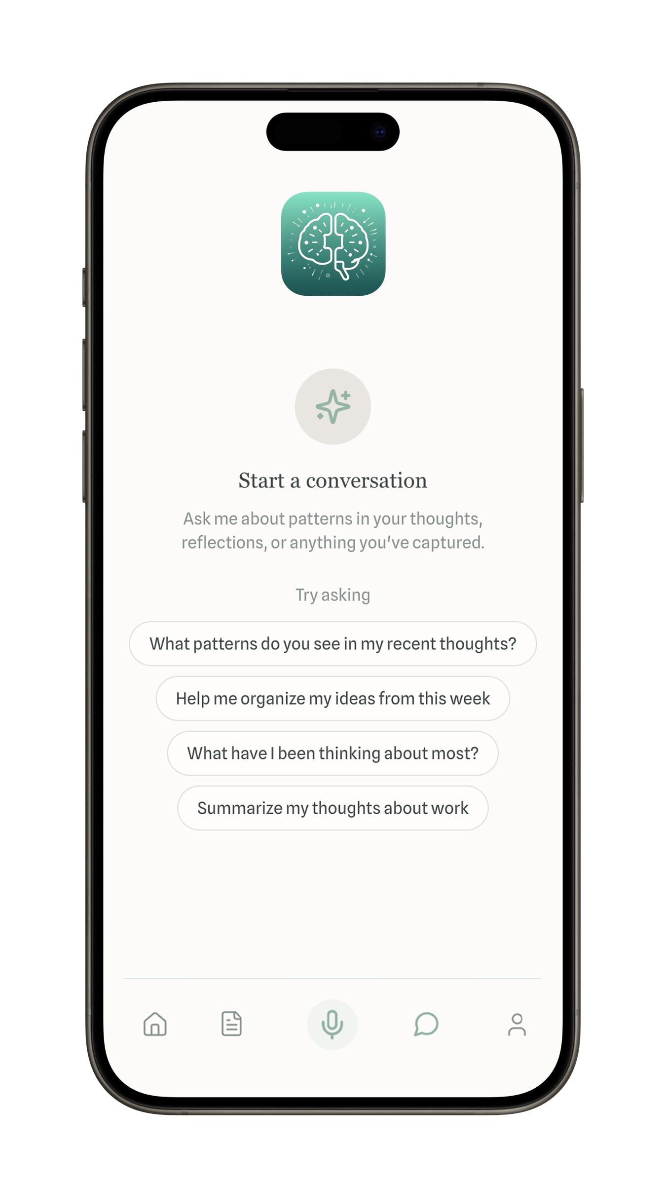Smartphone screen displaying an AI chat app with a brain icon at the top, themed like a brain illustration, and options for starting a conversation about thoughts, ideas, or reflections, with navigation icons at the bottom.