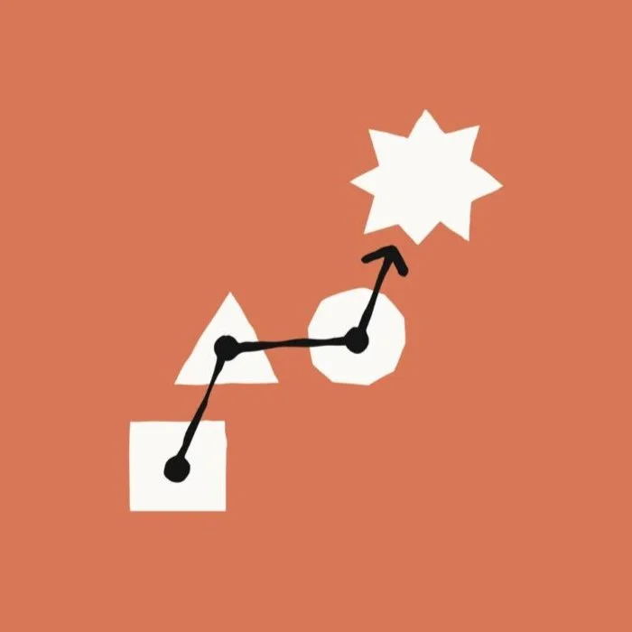 Abstract illustration of geometric shapes with connecting lines and an upward arrow, set against an orange background.