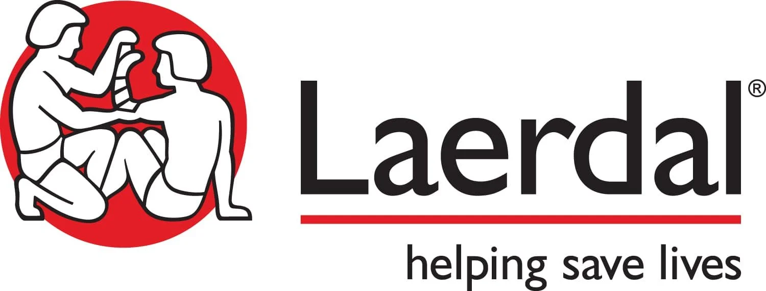 Logo with an illustration of two medical professionals performing first aid on a person, accompanied by the text "Laerdal helping save lives".