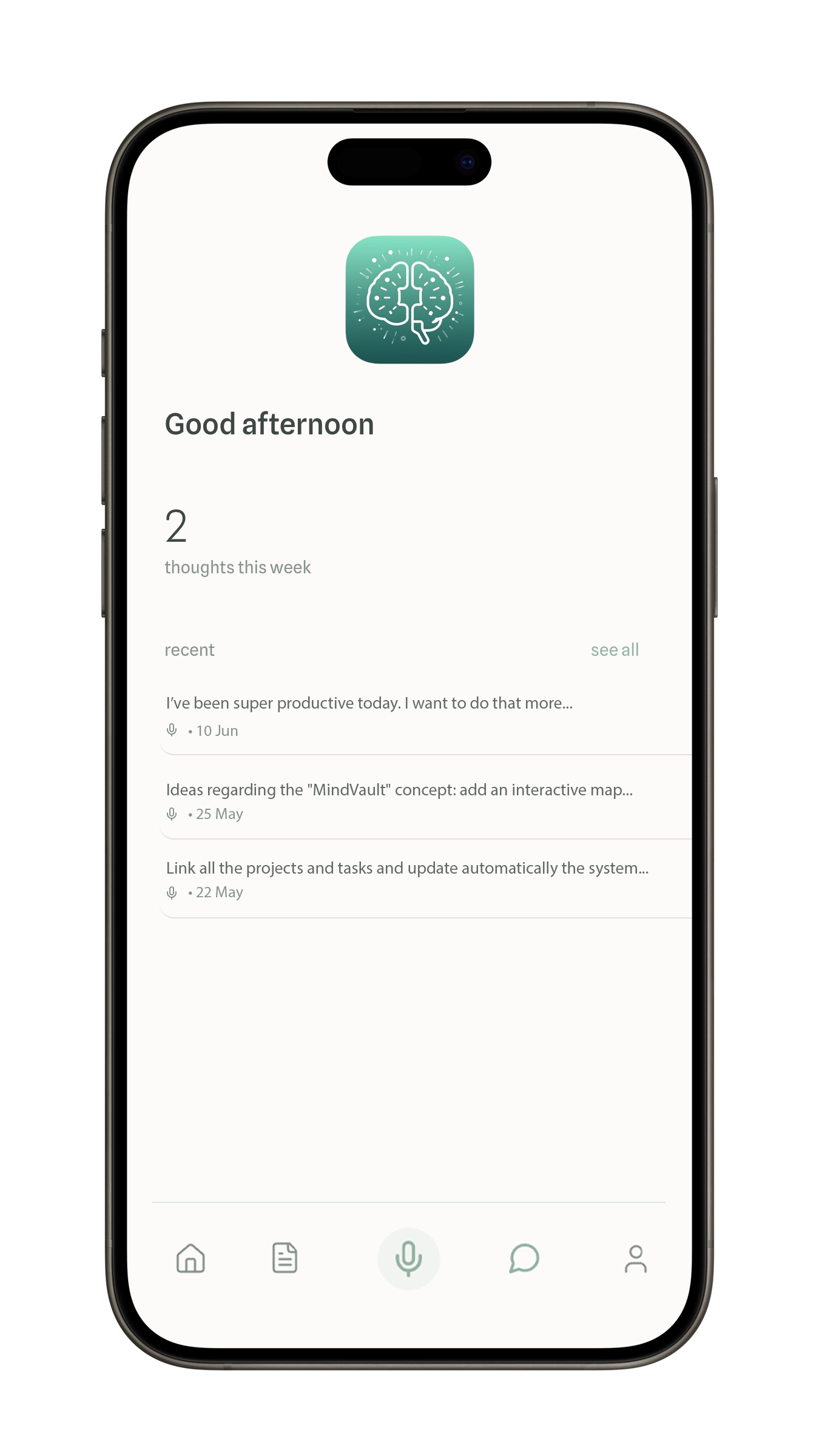 A smartphone screen displaying a productivity app with a brain icon at the top, greeting message "Good afternoon", and a list of thoughts and ideas with dates.