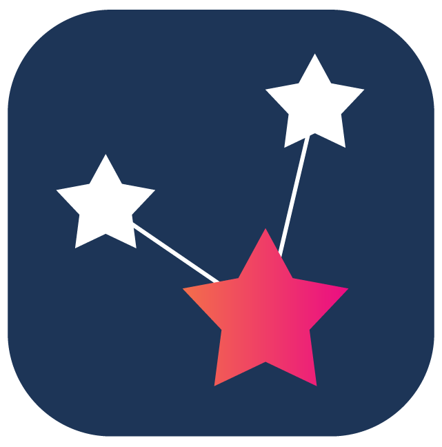 Icon with three stars connected by lines, with a large pink and orange star at the bottom and two white stars above on a dark blue background.