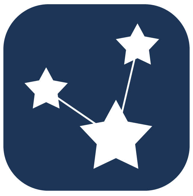 A dark blue square icon with three white stars connected by lines, forming a constellation pattern.
