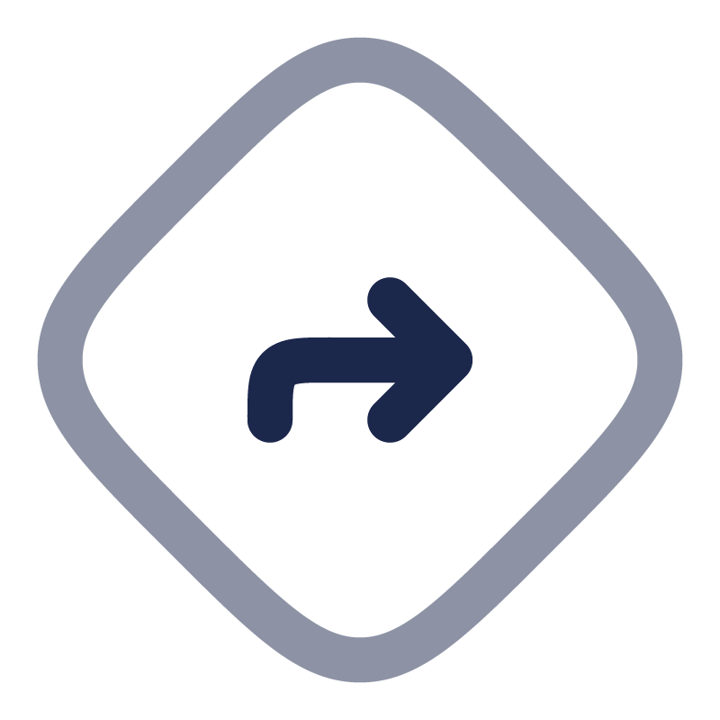 Right turn directional arrow sign in a dark blue outline