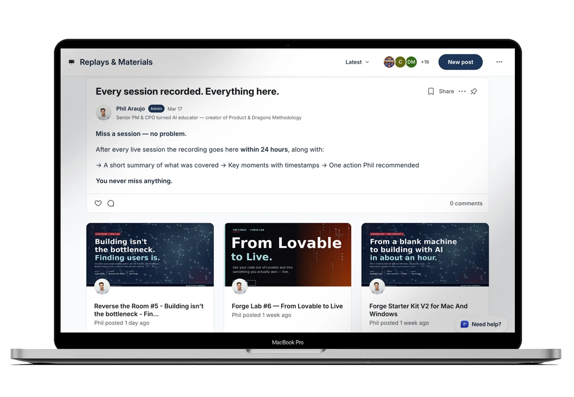 A MacBook Pro displaying a webpage about recorded sessions and materials related to AI, with various articles and videos on topics such as building with AI and reverse engineering.