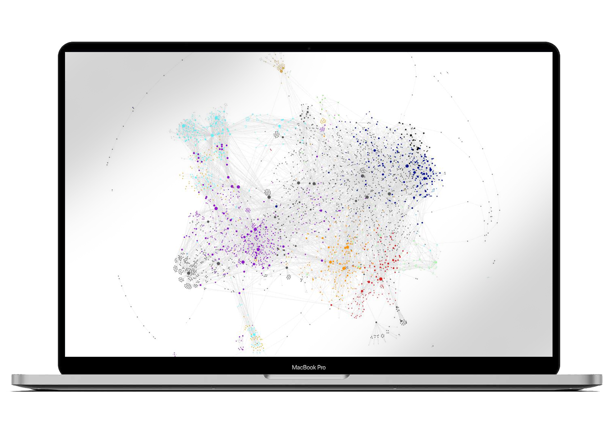 A MacBook Pro laptop displaying a complex, colorful data visualization of interconnected points and lines on the screen.