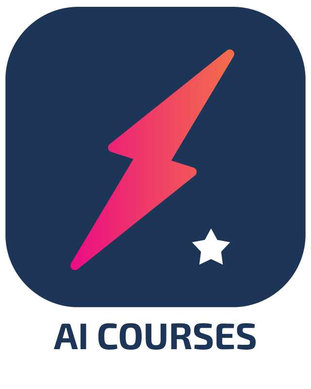 Logo with a pink lightning bolt, a small white star, and the text 'AI Courses' beneath.