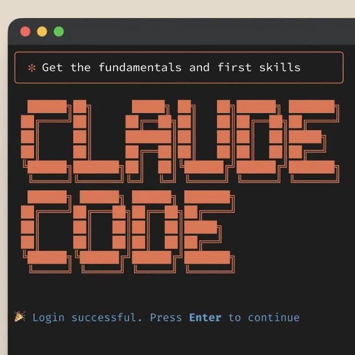 A computer screen with a black background displays a message encouraging to get fundamentals and first skills. There are large stylized words 'CLUBHOUSE CODE' in pixel art style, and a note at the bottom says 'Login successful. Press Enter to continue'.