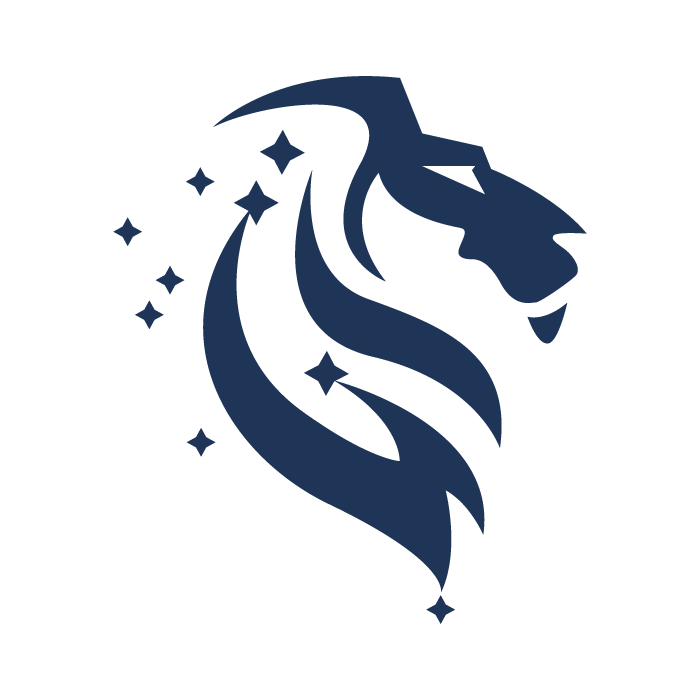 Stylized illustration of a lion's head with flowing mane, surrounded by stars, in dark blue color.