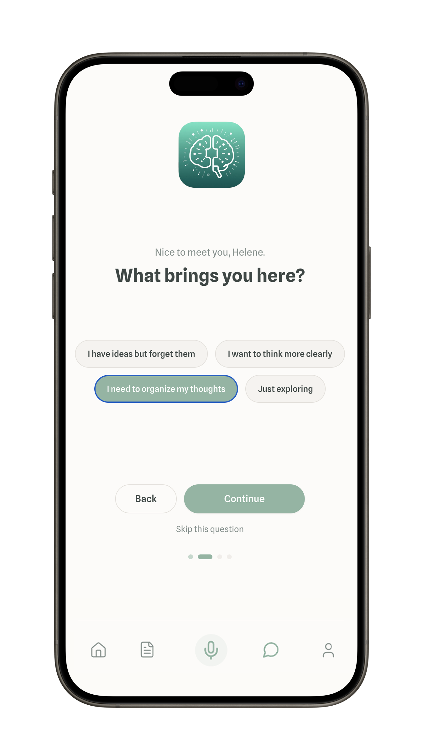 Smartphone screen displaying the Breakthroo app questionnaire with options for responses about organizing thoughts, asking 'What brings you here?'.