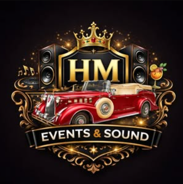 A logo for HM Events & Sound featuring a vintage red convertible car, speakers, a crown, and musical notes.