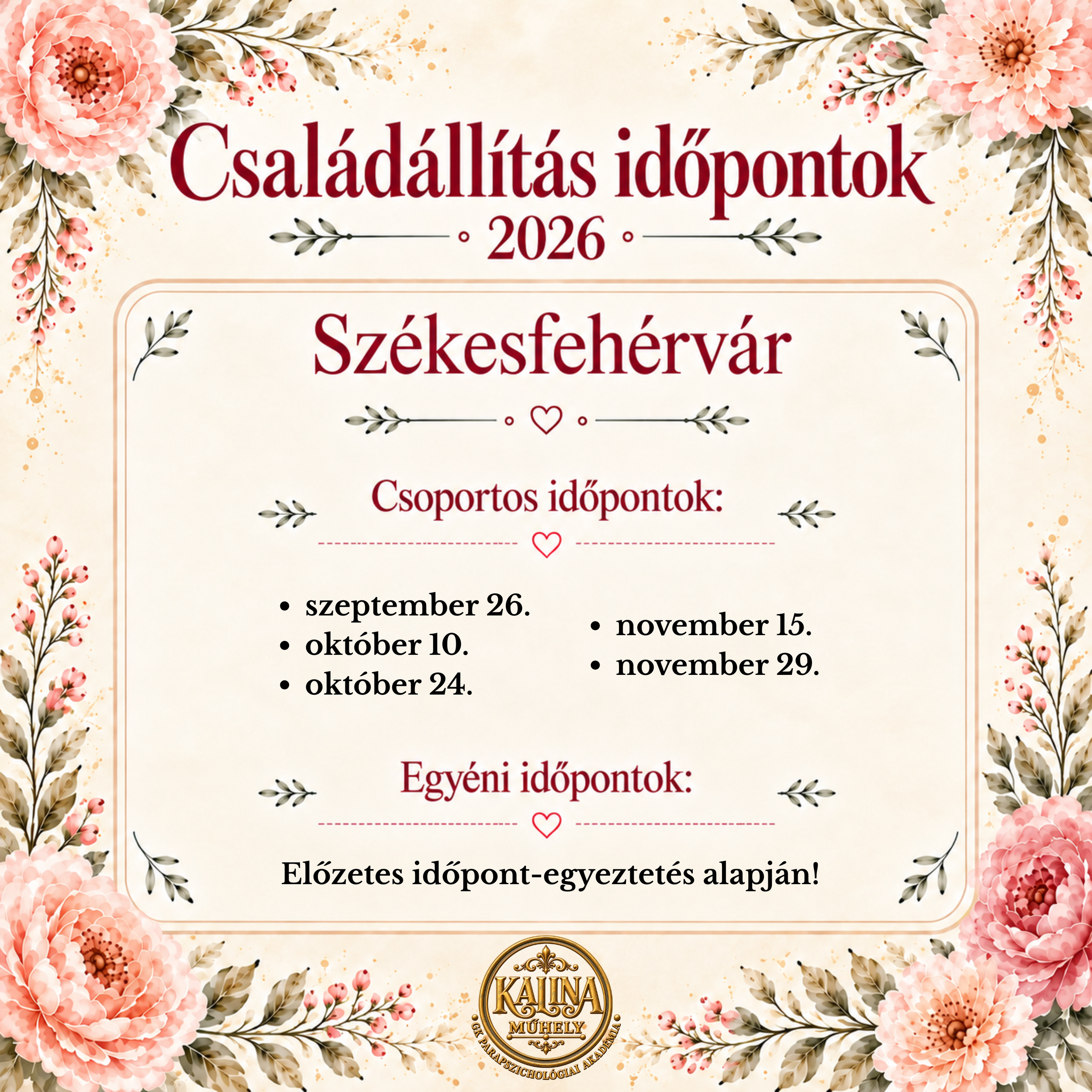 Floral border with pink flowers and beige leaves surrounding Hungarian text about family date points for 2026, with dates listed and a gold and black logo at the bottom.