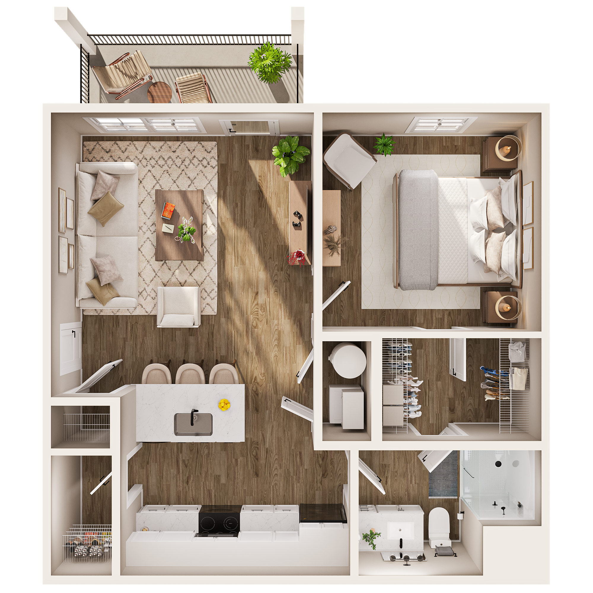 Spacious one-bedroom floor plan of an apartment with a living room, kitchen, bedroom, walk-in closet, bathroom, and balcony with outdoor furniture.