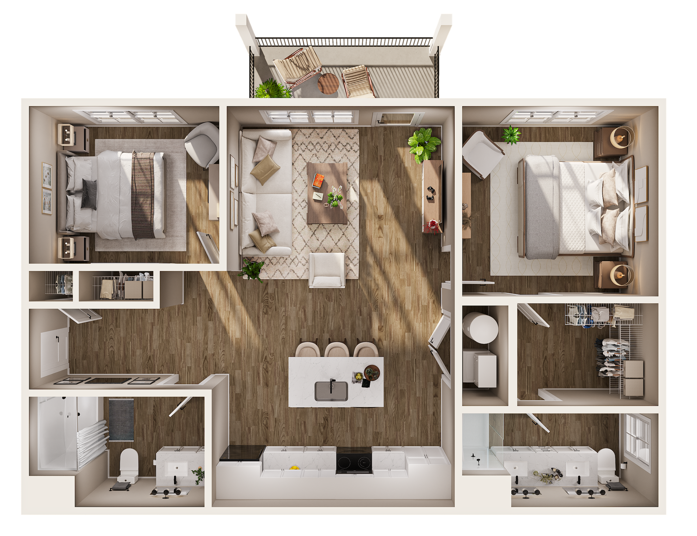 Top-down view of a spacious and modern apartment layout including two bedrooms, a living room, a kitchen with a central island, two bathrooms, and a balcony with outdoor seating.