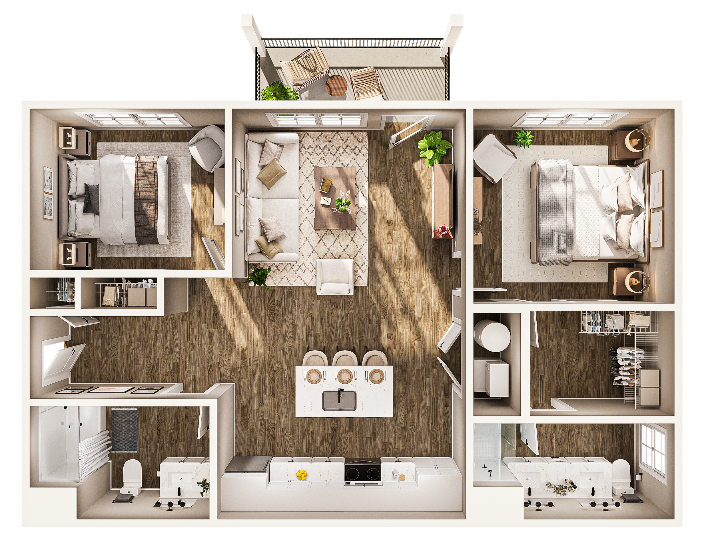 Top-down view of a two-bedroom apartment with a living room, kitchen, bathroom, and a balcony with outdoor seating at Britton Park Apartments.
