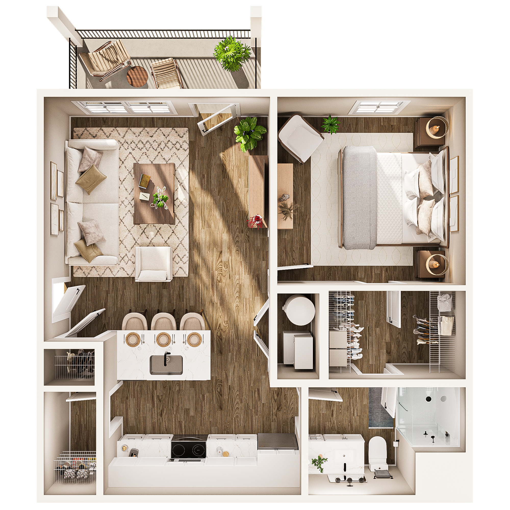 Top-down view of a one-bedroom furnished apartment layout with a patio, living area, bedroom, kitchen, and bathroom at Britton Park Apartments.