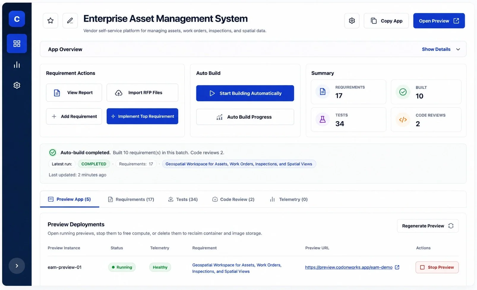 Screenshot of an enterprise asset management system dashboard showing app overview, requirement actions, auto build progress, summary statistics, and preview deployments for geospatial workspace assets.