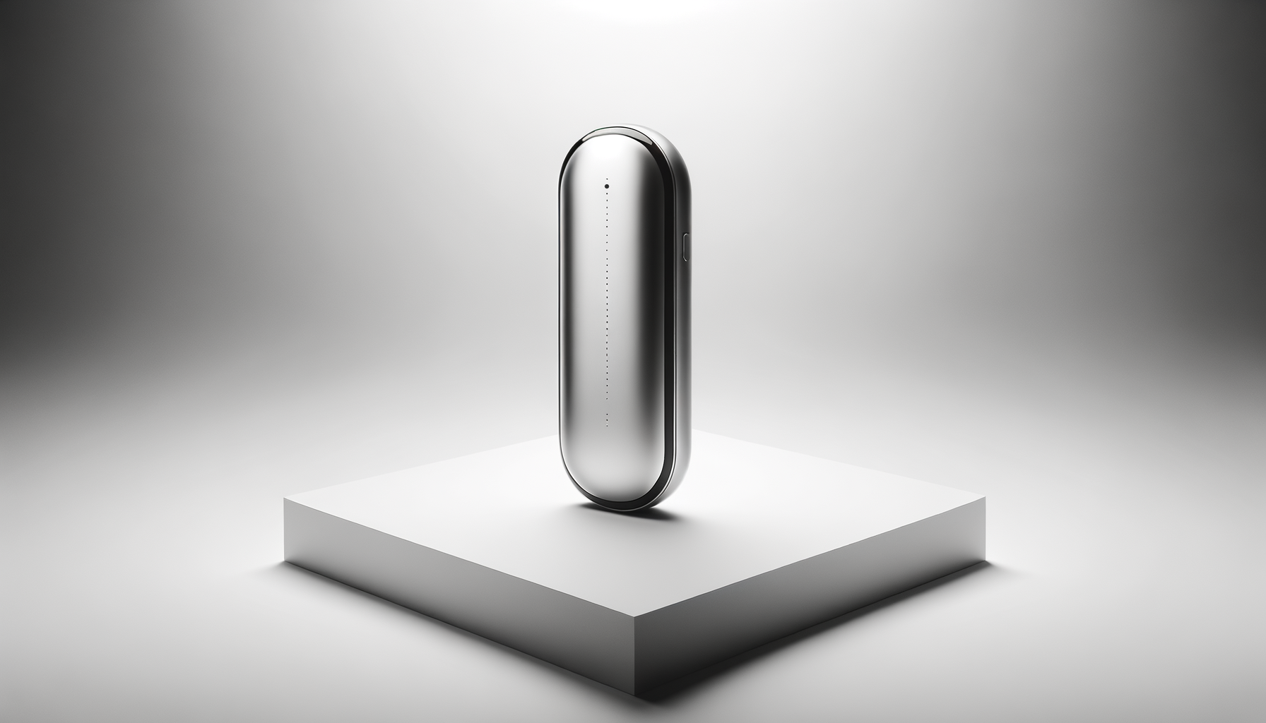 A sleek, metallic, capsule-shaped electronic device standing upright on a white platform against a gradient gray background.