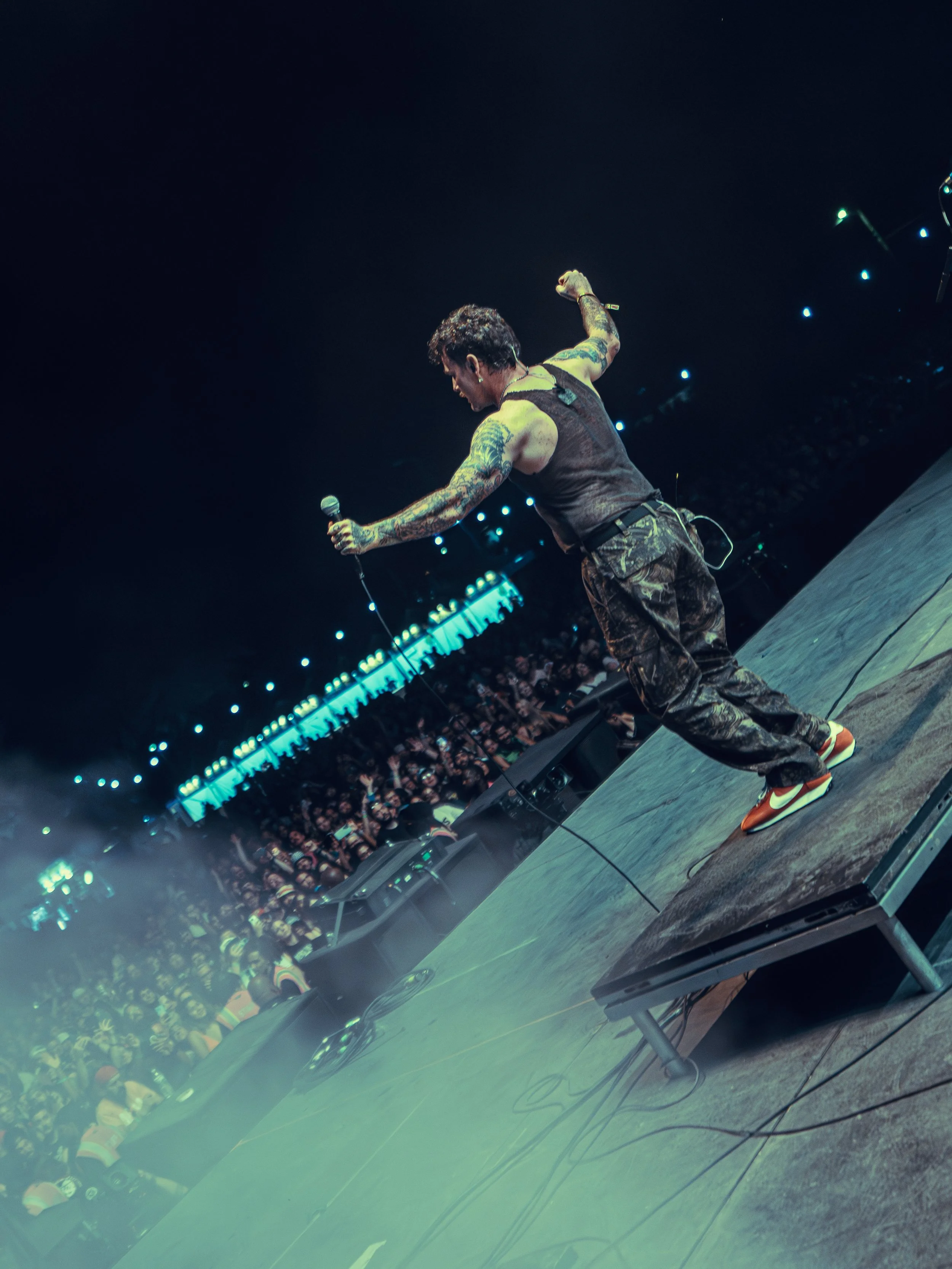 Performer on stage singing with a microphone, tattoos visible on arms, wearing cargo pants and Nike shoes, audience visible in the background, stage lights overhead.