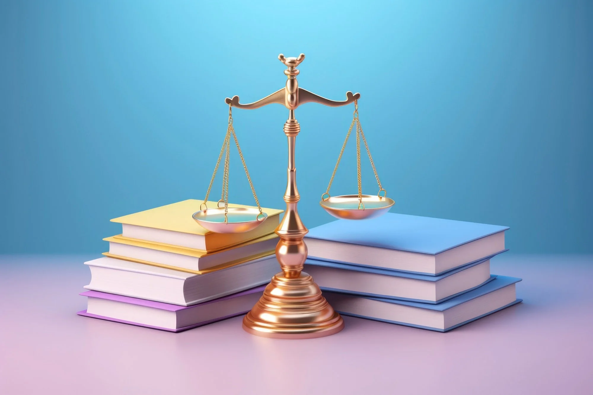 A gold balance scale placed on top of two stacks of books with pastel-colored covers, set against a gradient blue background.
