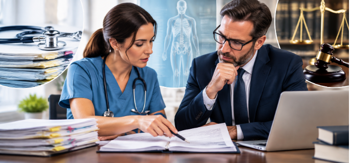Legal nurse consultant discussing medical records with an attorney during case review