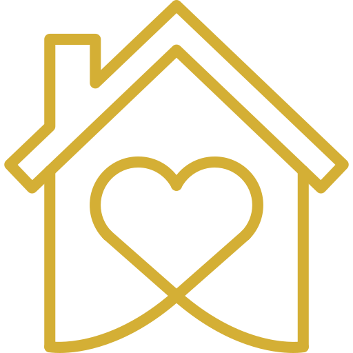A gold house outline with a heart inside it.