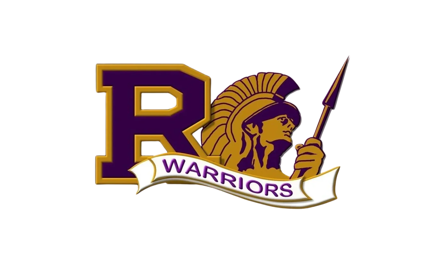 A logo featuring a large purple letter 'R' with a yellow outline, a depiction of a Native American warrior with a feathered headdress holding a spear, and a white ribbon with the word 'WARRIORS' in purple.