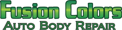 Logo for Fusion Colors Auto Body Repair with green and black text.