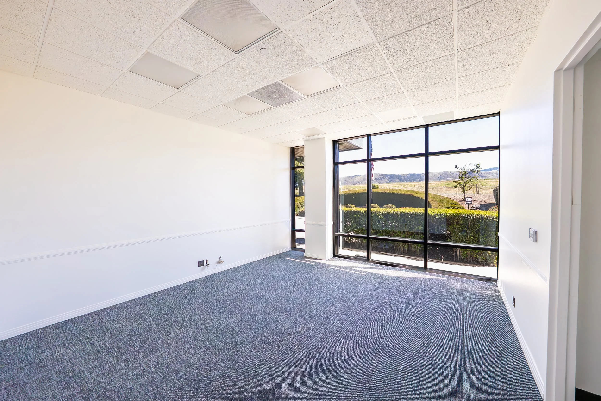 Empty office room with large glass window showing outdoor landscape and blue sky, white walls, ceiling tiles, gray carpeted floor.