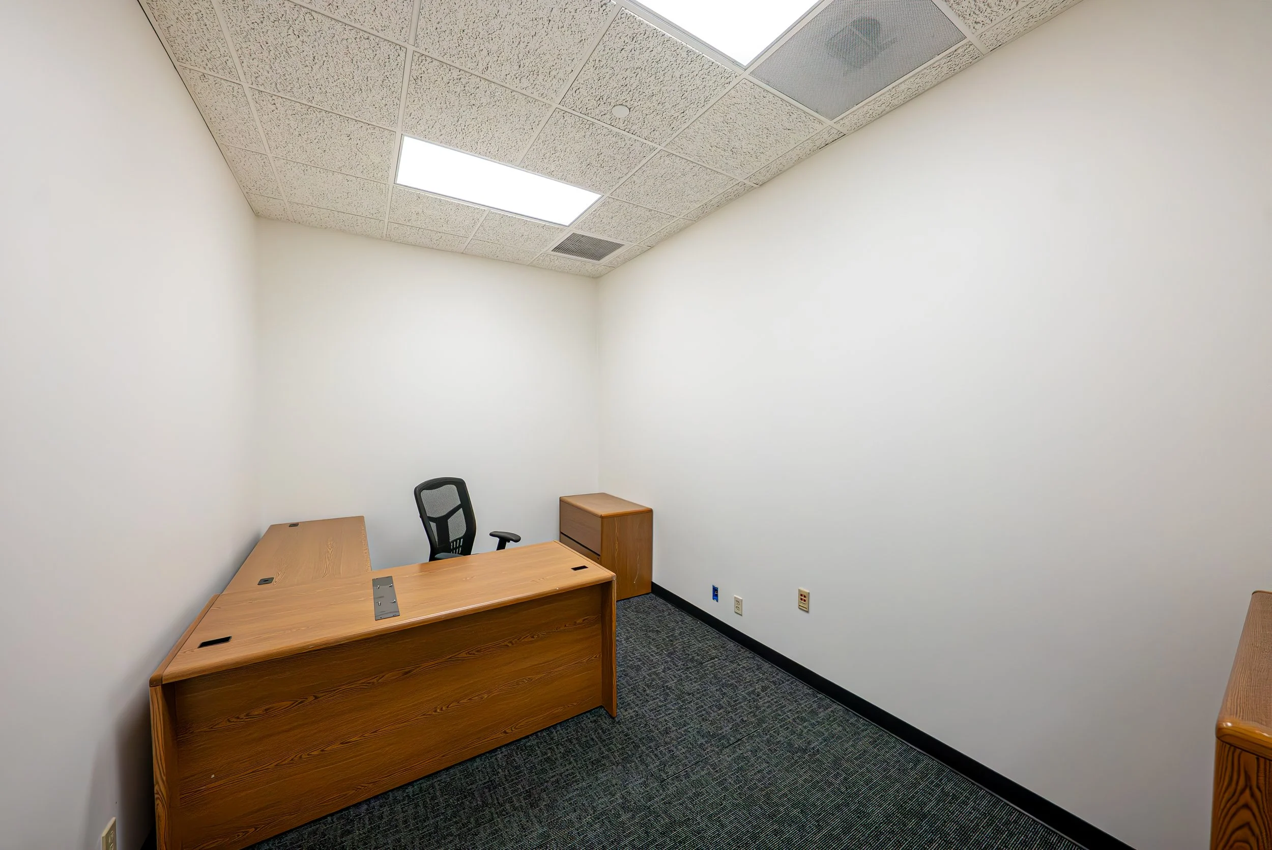 Empty office room with two wooden desks, a black office chair, and plain white walls, ceiling with fluorescent lights, gray carpeted floor, and electrical outlets.