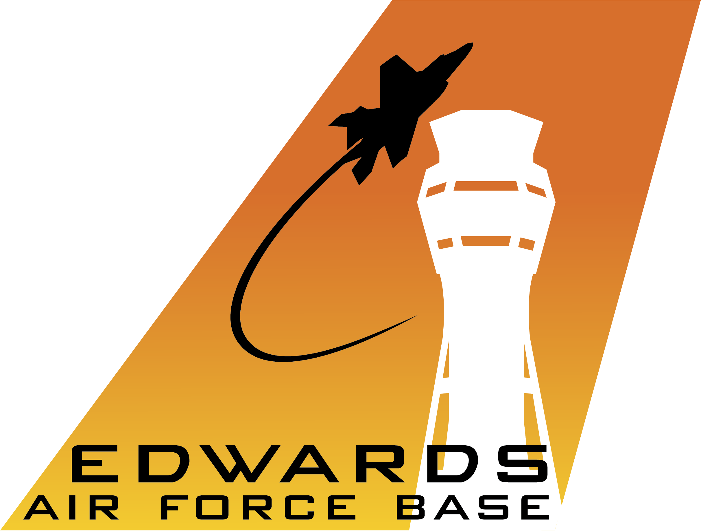 Logo for Edwards Air Force Base featuring a black jet and a white rocket on an orange background with the text 'EDWARDS AIR FORCE BASE' at the bottom.
