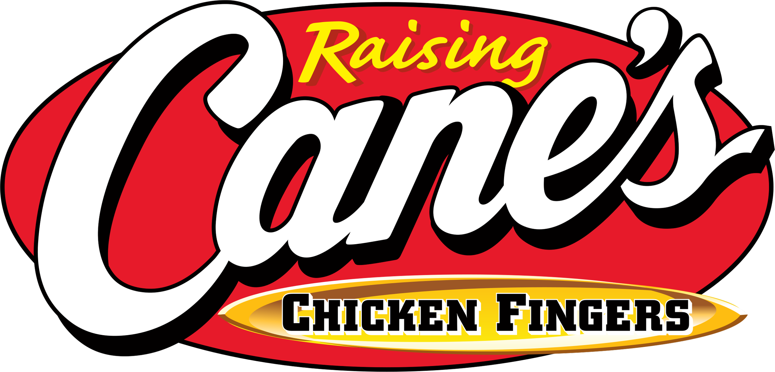 Logo for Raising Cane's Chicken Fingers with bold red, black, white, and yellow text.
