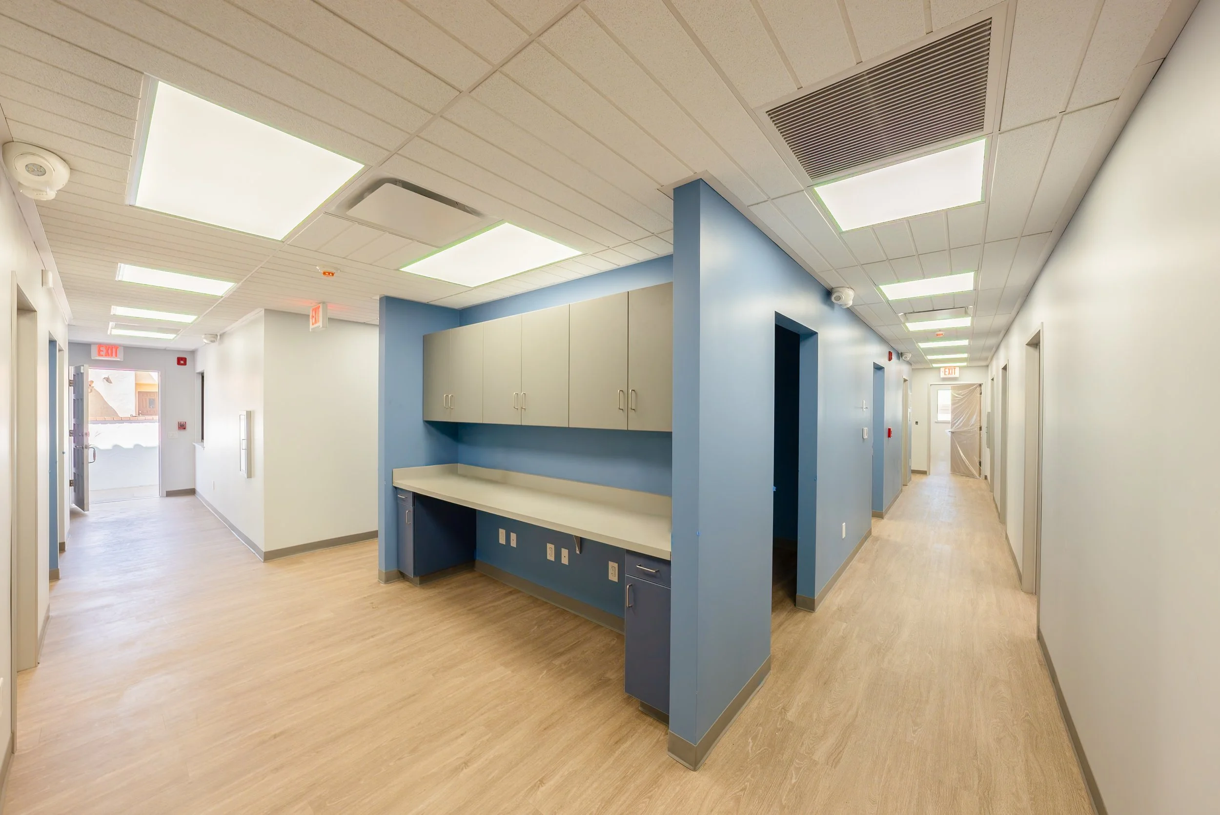 Empty hospital corridor with blue and white walls and ceiling lights.