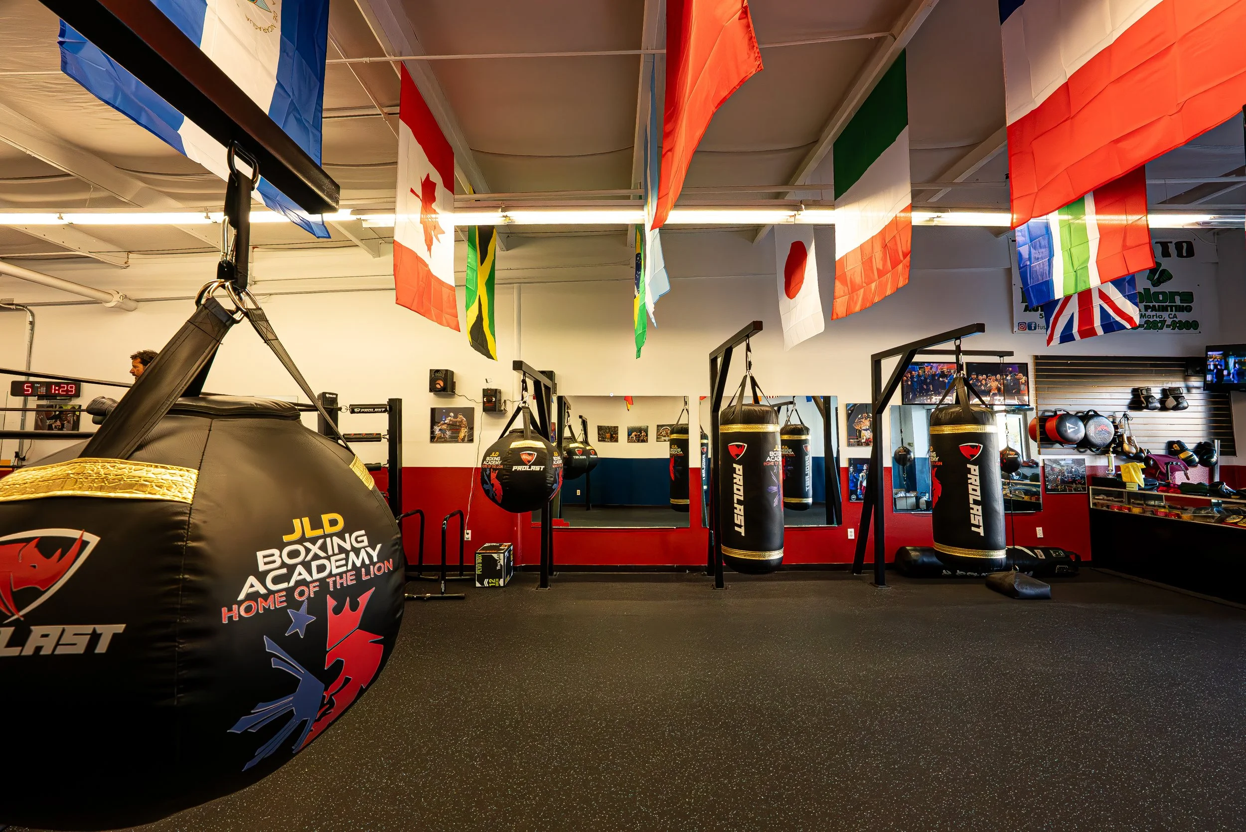 An inside view of a boxing gym with multiple hanging punching bags, flags hanging from the ceiling, and various gym equipment and paintings on the wall.