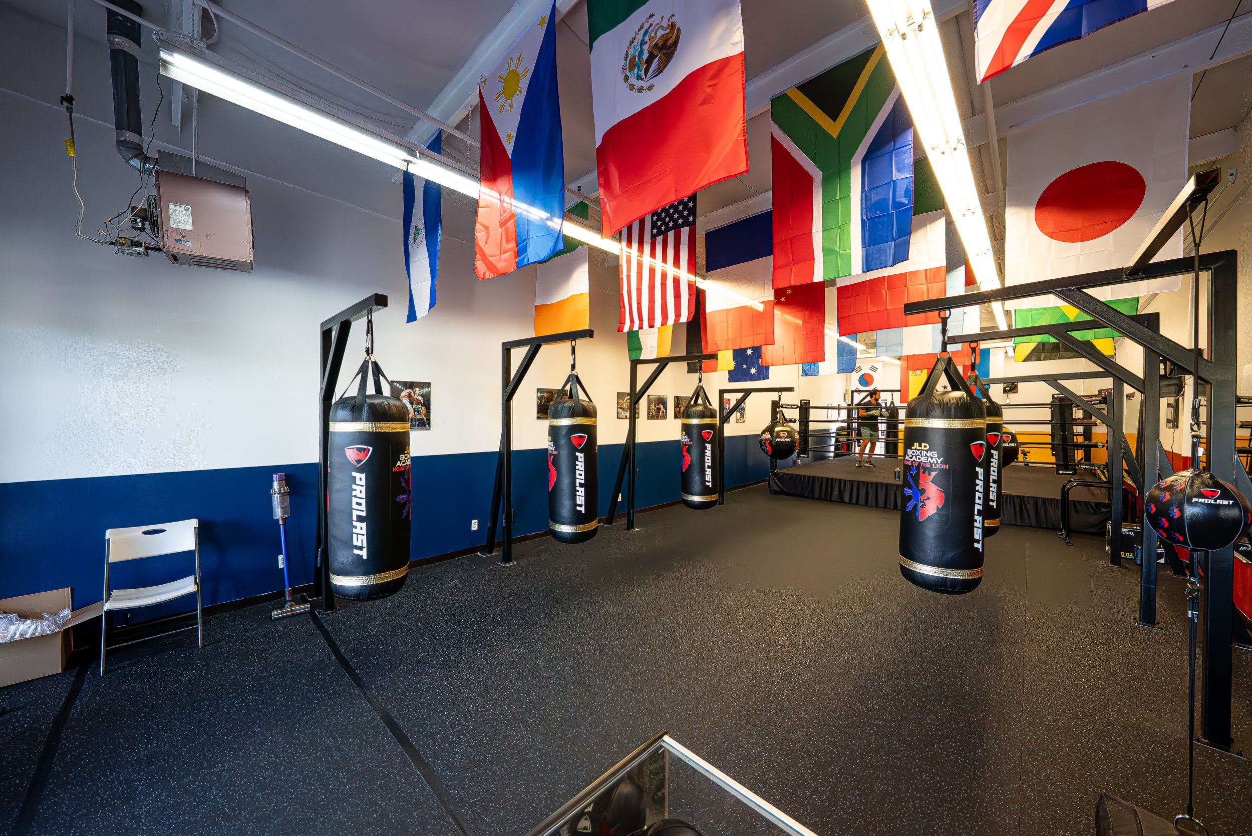 An indoor boxing gym with hanging punching bags, flags from various countries on the ceiling, and a boxing ring in the background.