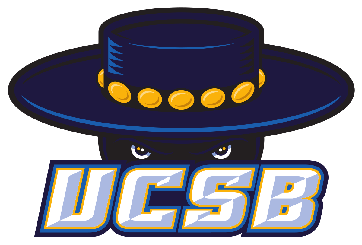 A logo with a cartoon figure wearing a dark wide-brimmed hat with gold accents, and eyes visible beneath the hat. The logo features the bold letters 'UCSB' in front of the figure.