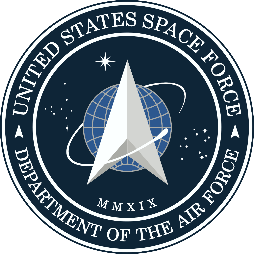 Seal of the United States Space Force featuring a globe, star, and delta wing emblem with the text 'United States Space Force' and 'Department of the Air Force'.