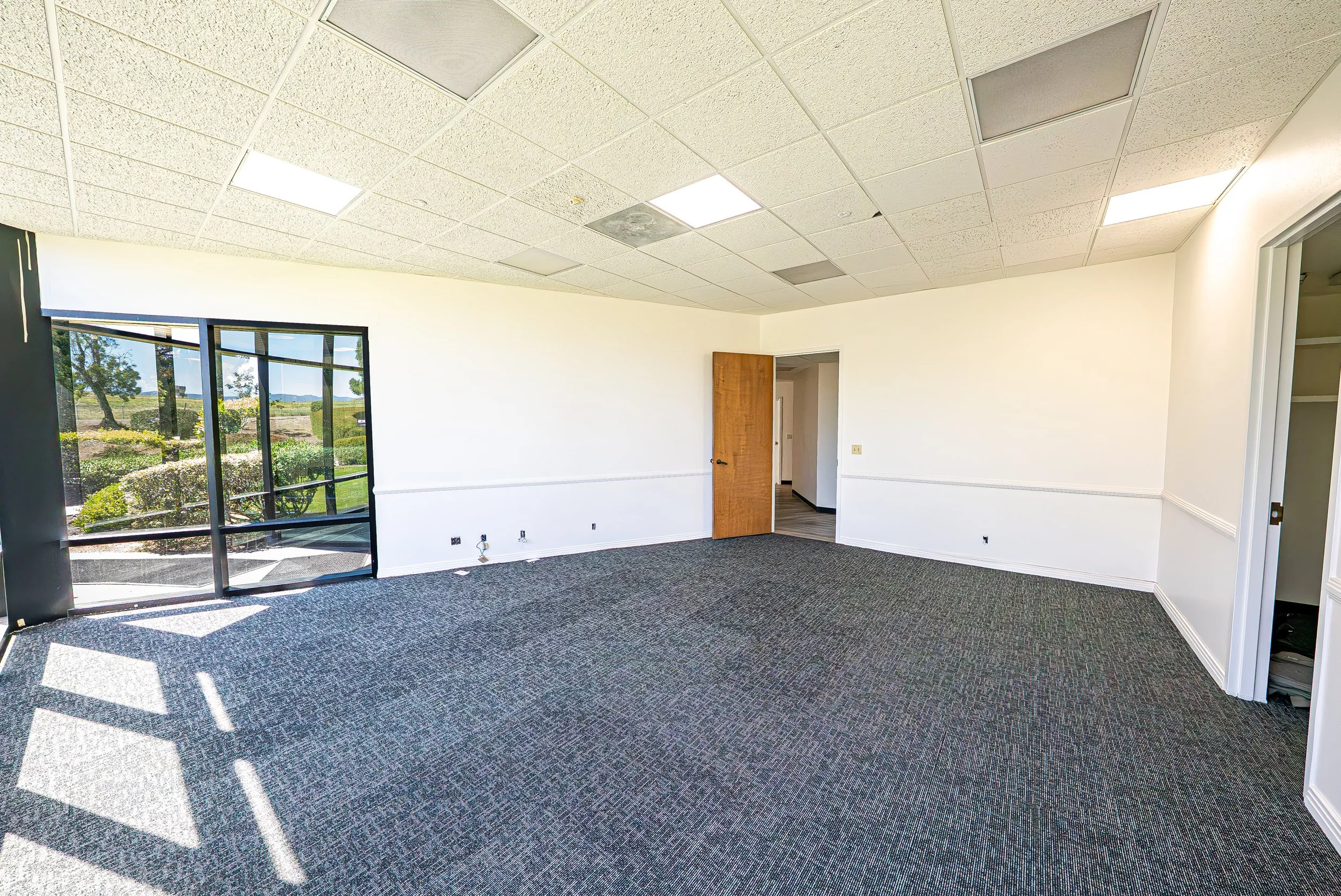 Empty office room with large window, open door, and carpeted floor.