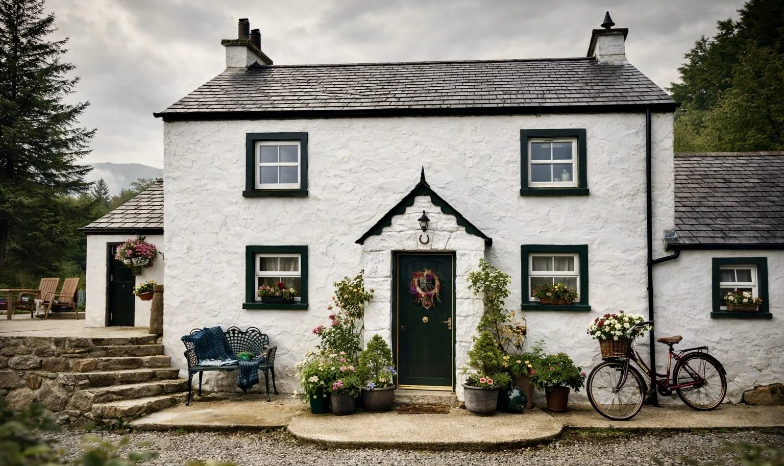 White Irish farmhouse with dark green window frames, potted plants, a decorative wreath on the door and outdoor seating, set against a cloudy sky and surrounded by greenery.