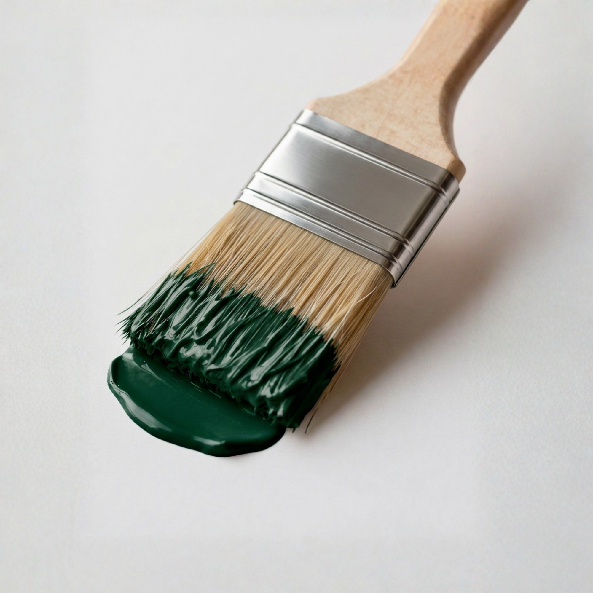 Close-up of a paintbrush with green paint on its bristles and a wooden handle, against a white background.