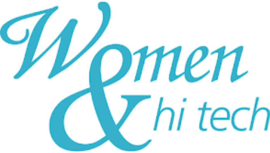 Text that reads "Women & hi tech" in light blue cursive and block font.