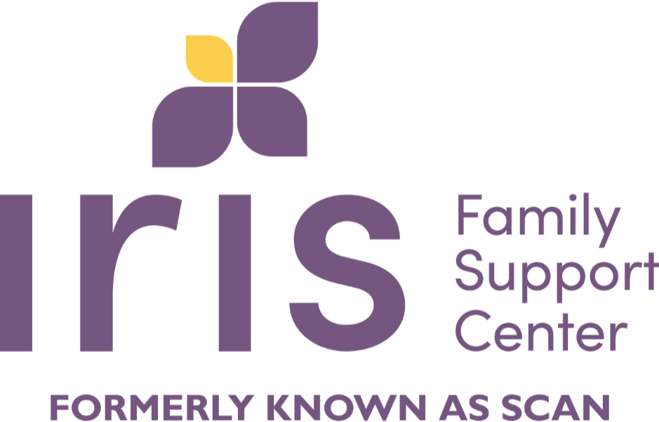 Logo for Iris Family Support Center, formerly known as SCAN, with a purple and yellow flower icon.